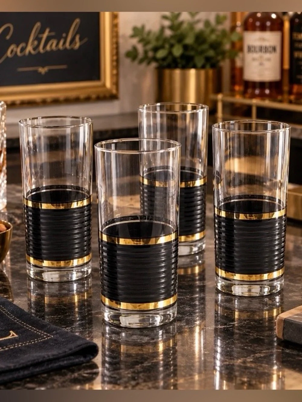 VTG Black Gold Highball Drinking Glasses Ribbed Barware Tumblers Set of 4